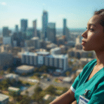 A nurse or carer looking out over a modern Australian city (Perth, Melbourne)