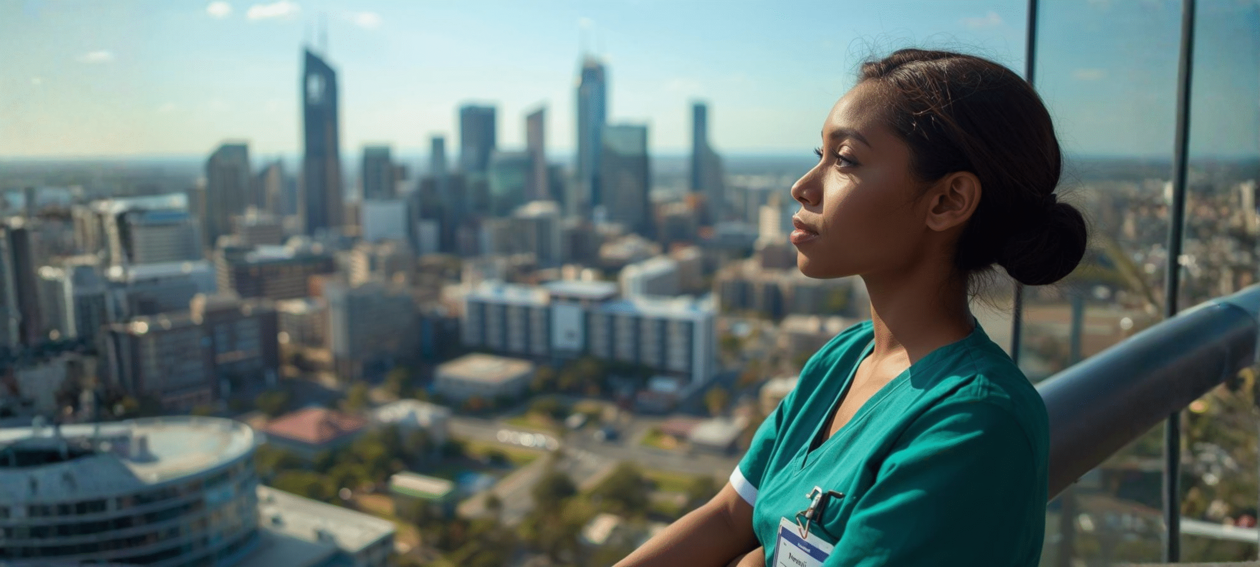 A nurse or carer looking out over a modern Australian city (Perth, Melbourne)
