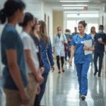 A nurse walking confidently in a hospital corridor