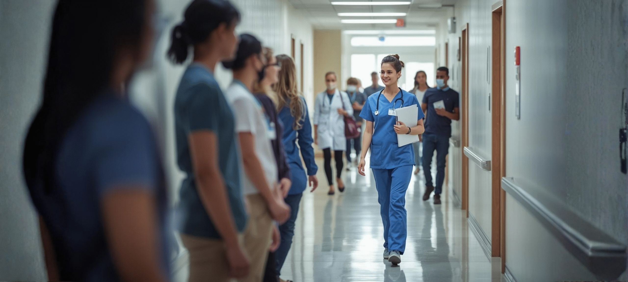 A nurse walking confidently in a hospital corridor