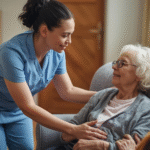 Carer supporting elderly patient in a warm, home-care environment