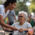 Support worker assisting a person with disability in a community activity