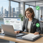 person is seated at a clean desk with a laptop, organized paperwork,