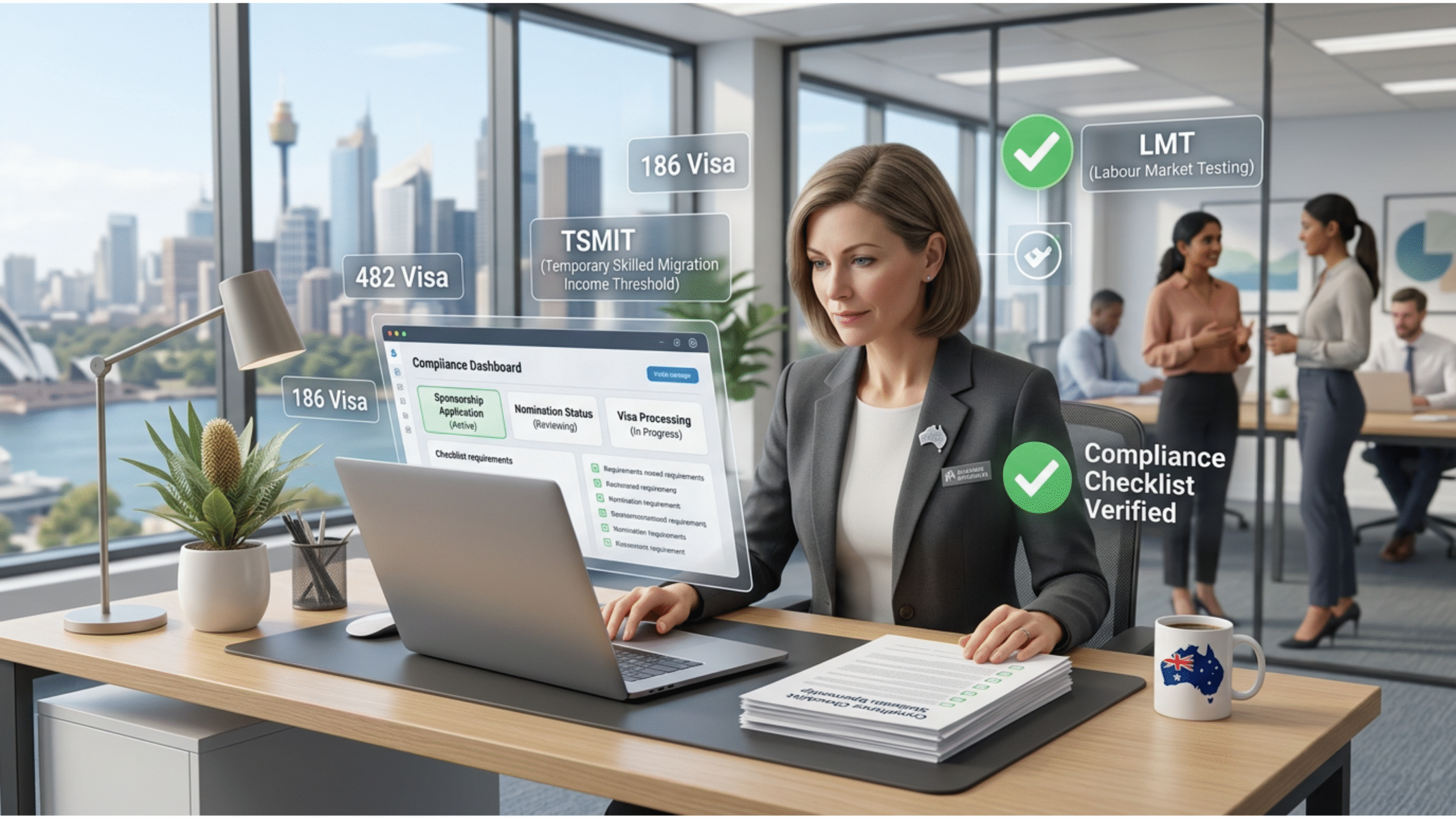 person is seated at a clean desk with a laptop, organized paperwork,