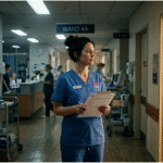 A nurse standing in a hospital corridor at the end of a long shift.