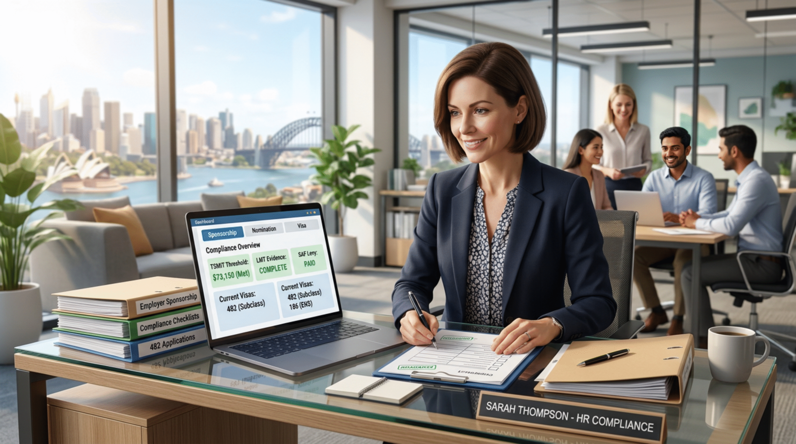 Confident HR/compliance professionals appearing focused and in control, not stressed