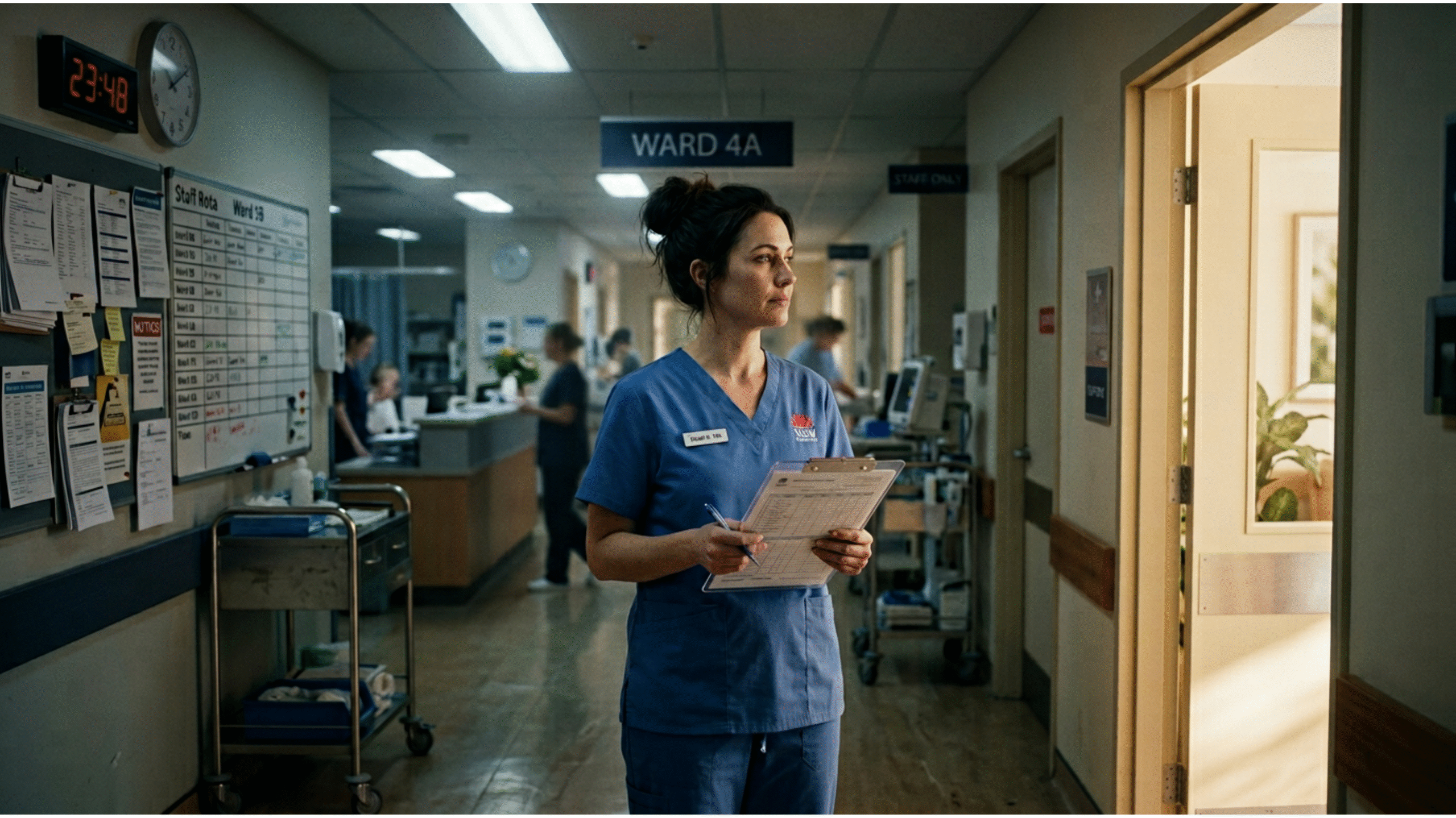 A nurse standing in a hospital corridor at the end of a long shift.
