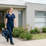 A community nurse in comfortable clinical attire carrying a professional medical bag while walking up to a suburban Australian home entrance