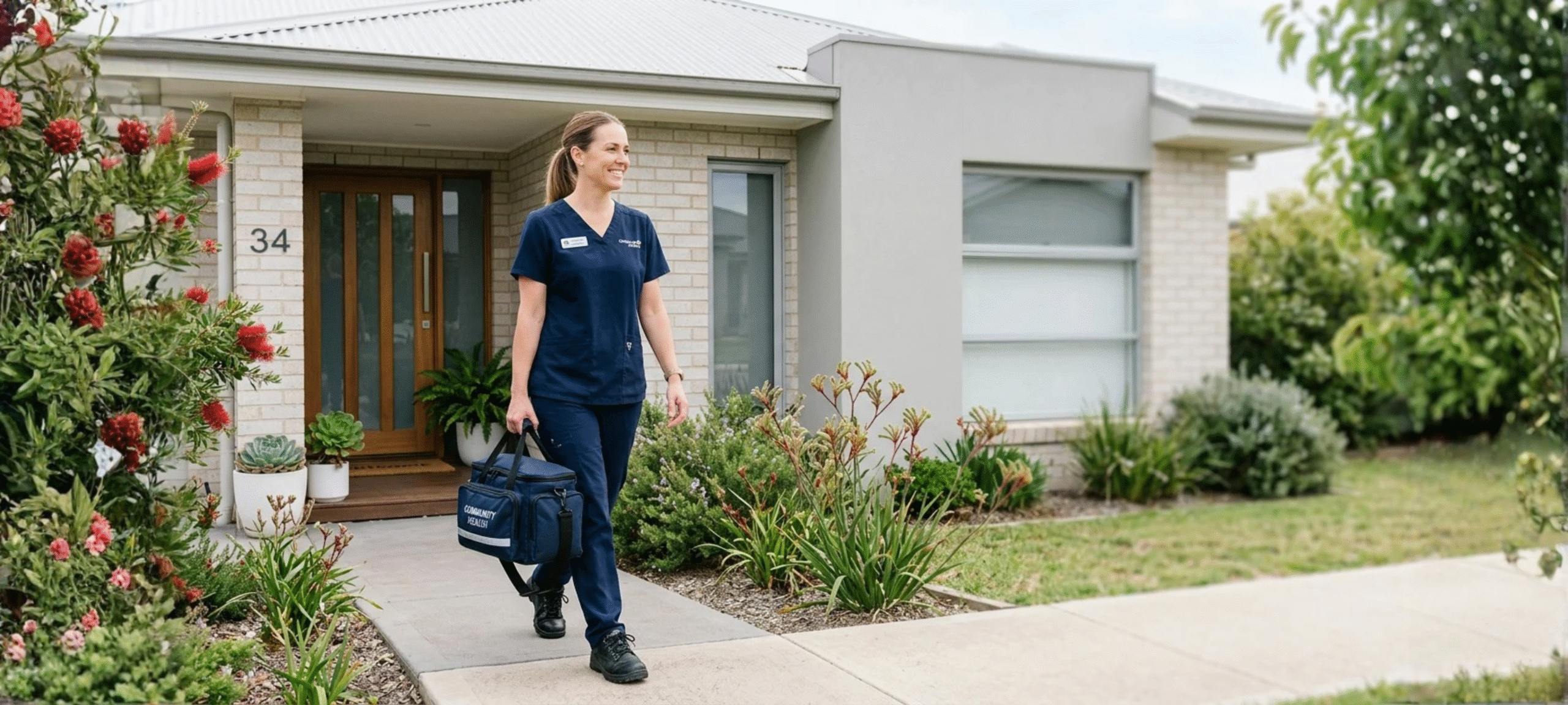 A community nurse in comfortable clinical attire carrying a professional medical bag while walking up to a suburban Australian home entrance