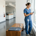 A contemporary nurse in scrubs checking a digital shift schedule on a smartphone while standing near a bright hospital window.
