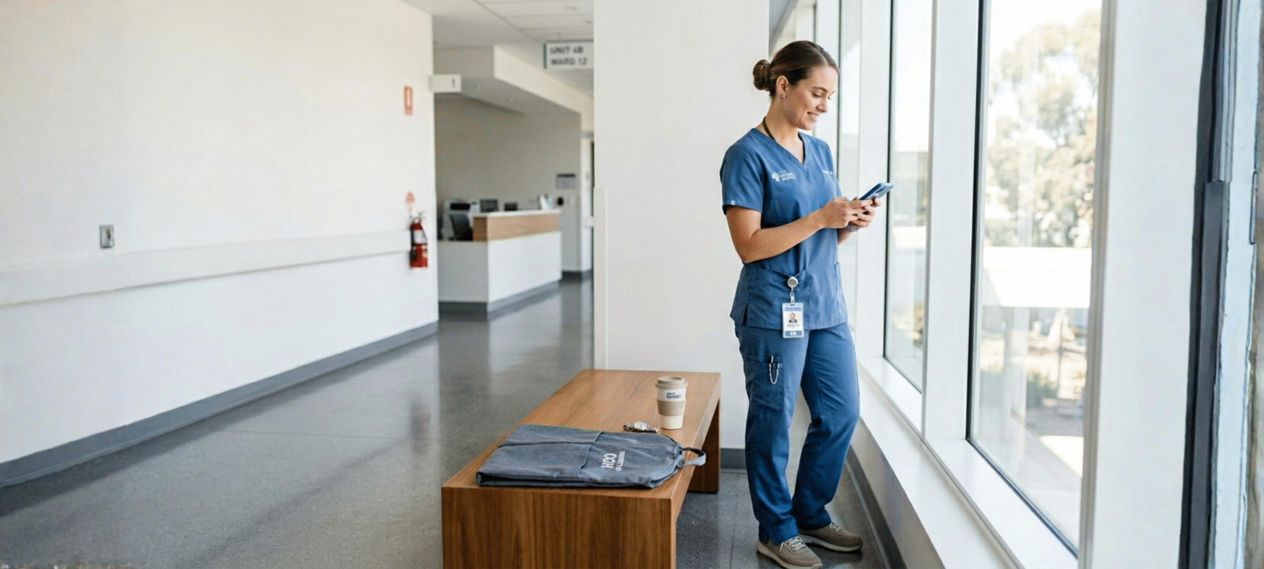 A contemporary nurse in scrubs checking a digital shift schedule on a smartphone while standing near a bright hospital window.