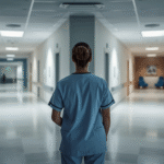 A professional nurse standing at a modern hospital intersection, looking toward two clearly lit corridors. One path shows direct facility architectural cues, the other shows agency-style waiting area elements.