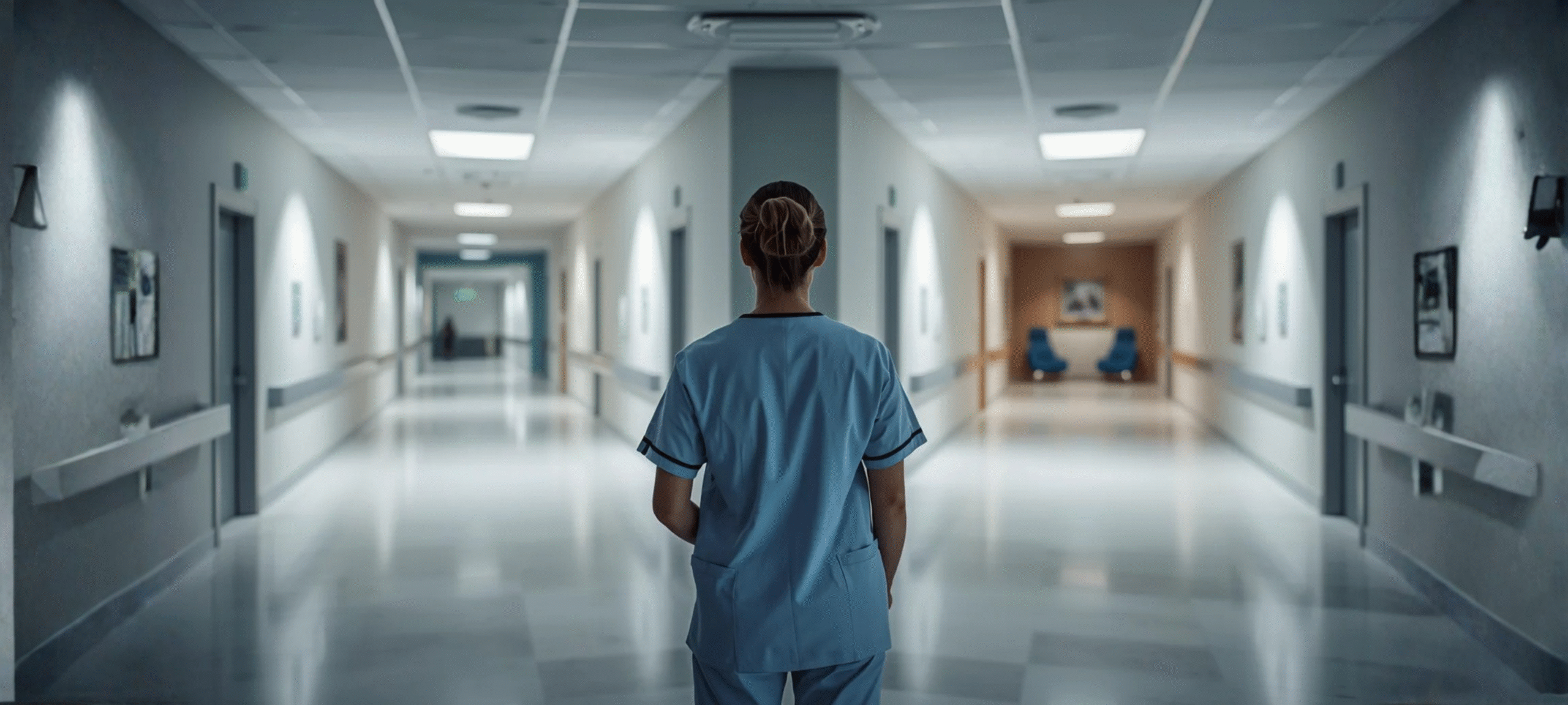 A professional nurse standing at a modern hospital intersection, looking toward two clearly lit corridors. One path shows direct facility architectural cues, the other shows agency-style waiting area elements.
