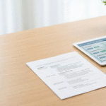Modern desk scene featuring a neatly formatted resume, a pen, a stethoscope, and a tablet displaying a healthcare job board interface.