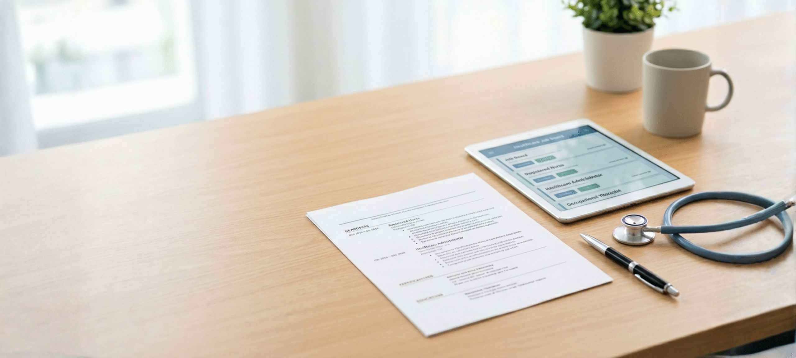 Modern desk scene featuring a neatly formatted resume, a pen, a stethoscope, and a tablet displaying a healthcare job board interface.