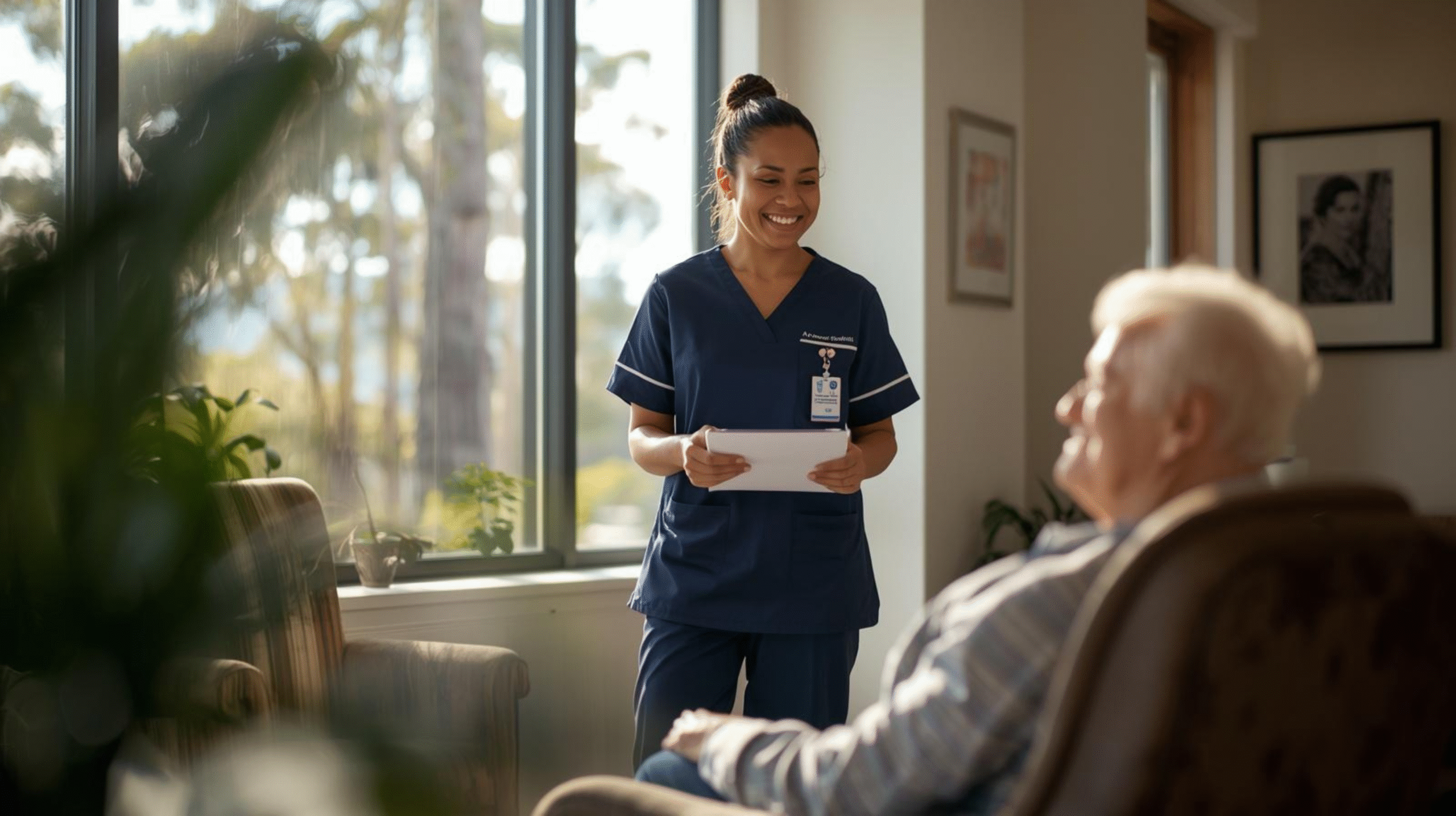 A warm, candid photo of an Australian registered nurse in navy scrubs standing in a sunlit aged care facility, mid-conversation with an elderly resident seated in a comfortable armchair. The nurse is smiling naturally
