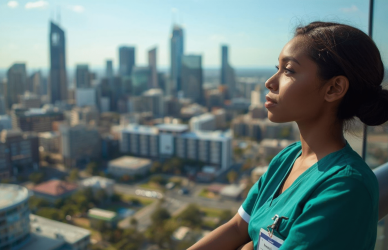A nurse or carer looking out over a modern Australian city (Perth, Melbourne)