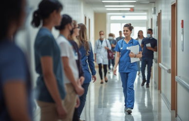 A nurse walking confidently in a hospital corridor