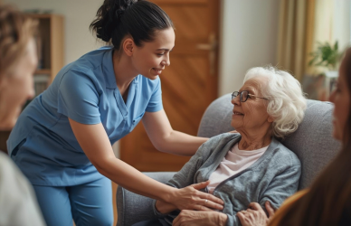 Carer supporting elderly patient in a warm, home-care environment