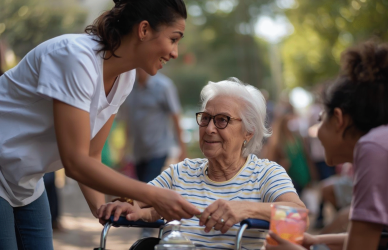 Support worker assisting a person with disability in a community activity