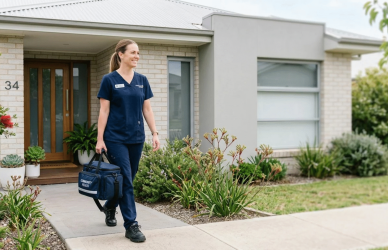 A community nurse in comfortable clinical attire carrying a professional medical bag while walking up to a suburban Australian home entrance