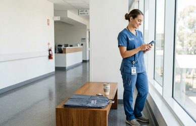 A contemporary nurse in scrubs checking a digital shift schedule on a smartphone while standing near a bright hospital window.