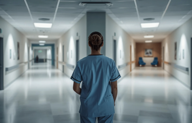 A professional nurse standing at a modern hospital intersection, looking toward two clearly lit corridors. One path shows direct facility architectural cues, the other shows agency-style waiting area elements.