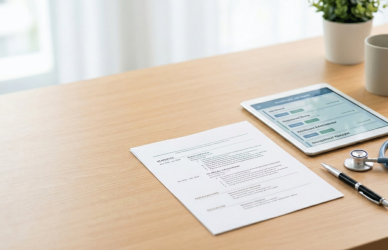 Modern desk scene featuring a neatly formatted resume, a pen, a stethoscope, and a tablet displaying a healthcare job board interface.