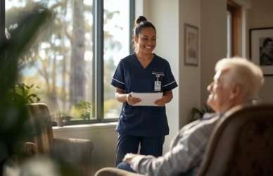 A warm, candid photo of an Australian registered nurse in navy scrubs standing in a sunlit aged care facility, mid-conversation with an elderly resident seated in a comfortable armchair. The nurse is smiling naturally
