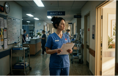 A nurse standing in a hospital corridor at the end of a long shift.